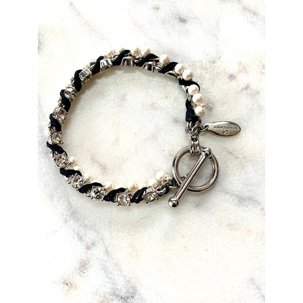Ann Taylor Faux Pearl and Crystal Twisted Toggle Closure Bracelet EUC